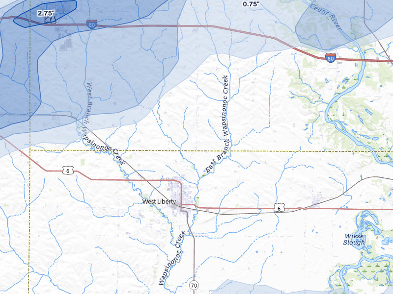 NEXRAD radar-signature map of the hail storm over West Liberty, IA on Apr 2, 2026