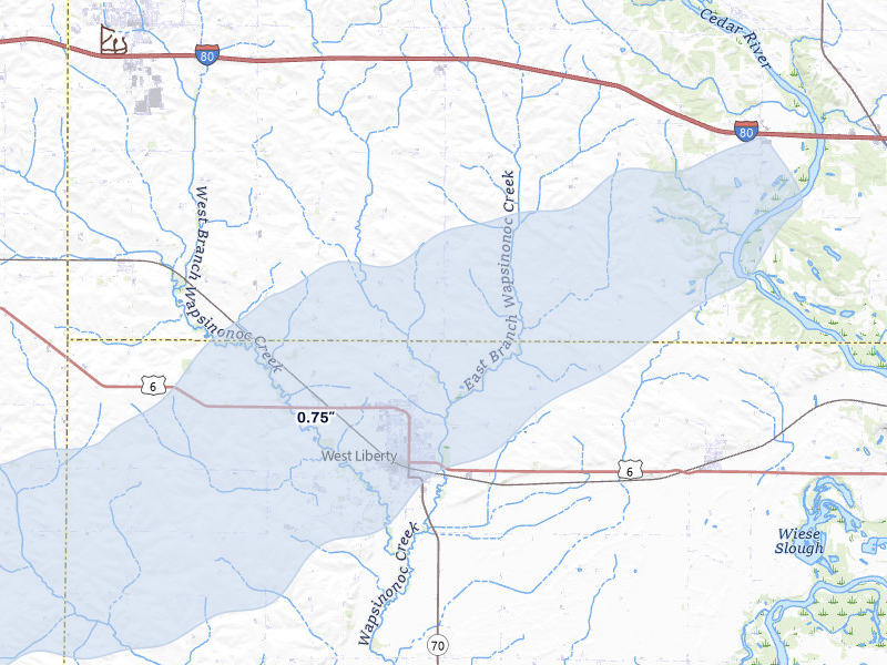NEXRAD radar-signature map of the hail over West Liberty, IA