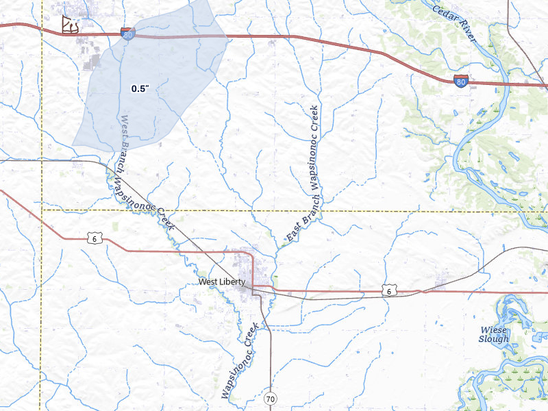 NEXRAD radar-signature map of the hail over West Liberty, IA