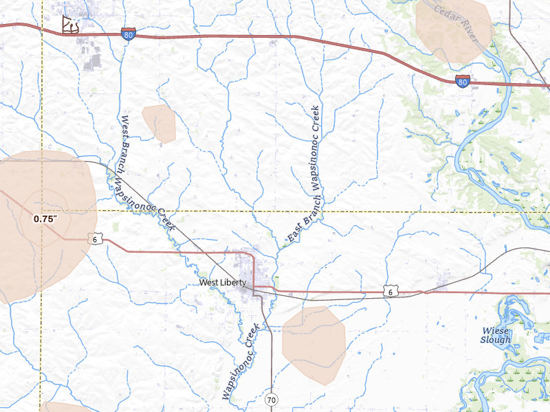 Radar-estimated hail-size map of the storm over West Liberty, IA on Jun 10, 2026
