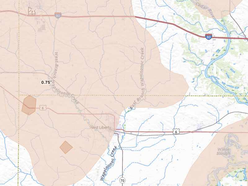 Radar-estimated hail-size map of the storm over West Liberty, IA on Jul 3, 2026