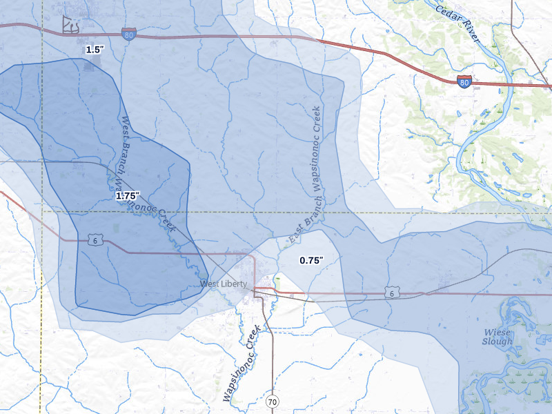 NEXRAD radar-signature map of the hail storm over West Liberty, IA on Jul 3, 2026