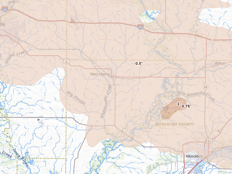 Radar-estimated hail-size map of the storm over West Liberty, IA on Aug 11, 2026