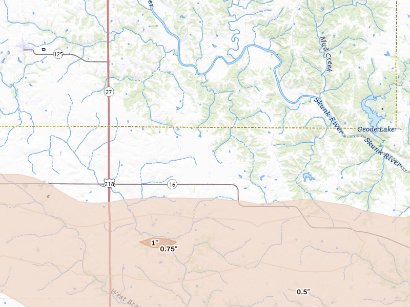 Radar-estimated hail-size map of the storm over West Point, IA on May 4, 2026