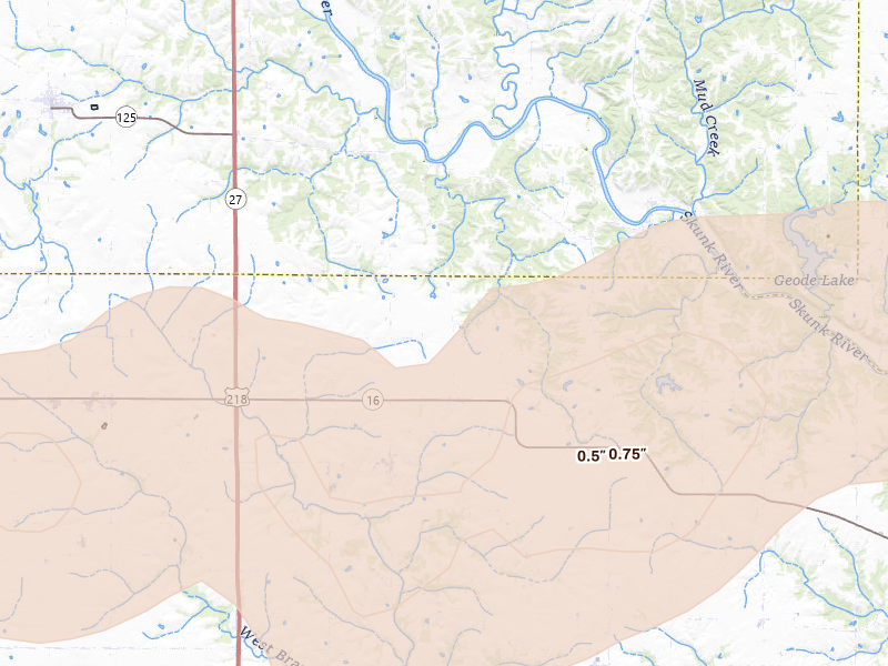 Radar-estimated hail-size map of the storm over West Point, IA on Jun 11, 2026