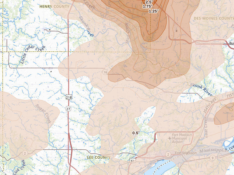 Radar-estimated hail-size map of the storm over West Point, IA on Aug 12, 2026