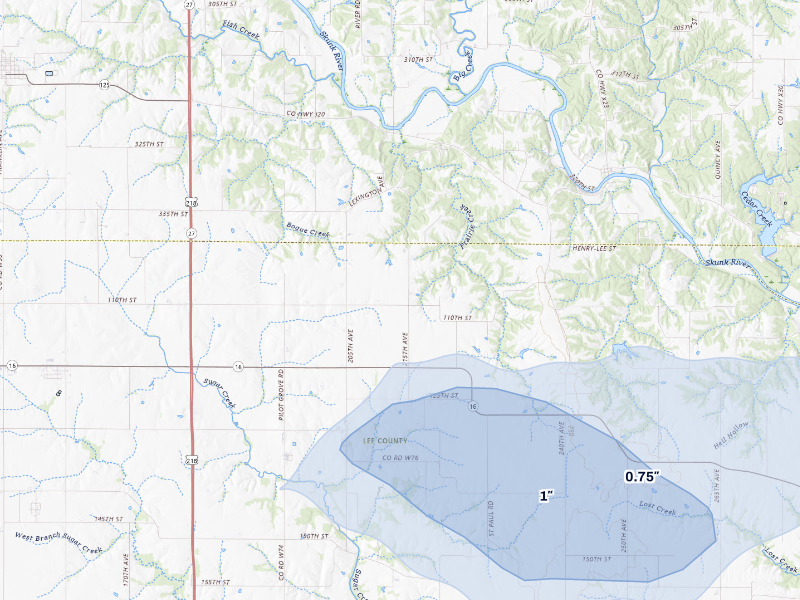 NEXRAD radar-signature map of the hail storm over West Point, IA on Aug 19, 2026