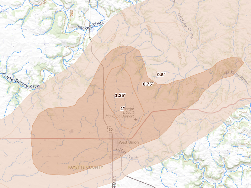 Radar-estimated hail-size map of the storm over West Union, IA on Apr 17, 2026