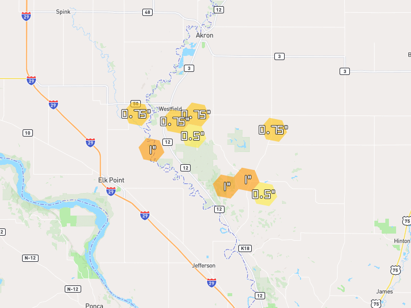 Hail map of Westfield, IA on Jun 30, 2026, hail up to 1"