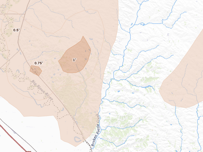 Radar-estimated hail-size map of the storm over Westfield, IA on Jul 2, 2026