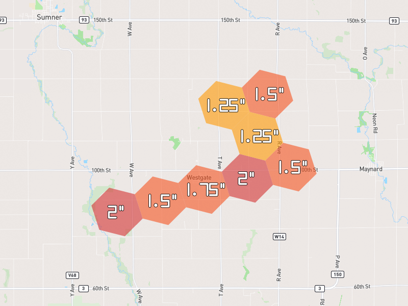 Hail map of Westgate, IA on Jul 2, 2026, hail up to 2"