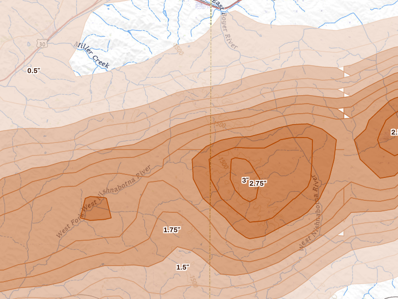 Radar-estimated hail-size map of the storm over Westside, IA on Apr 15, 2026