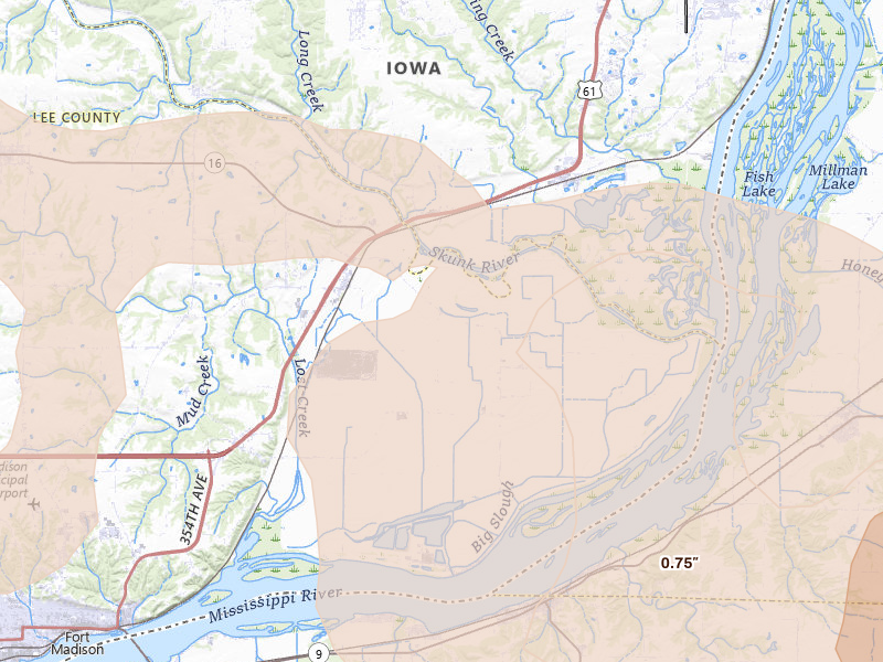 Radar-estimated hail-size map of the storm over Wever, IA on May 4, 2026