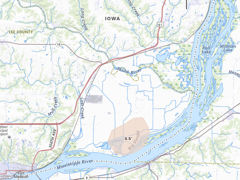 Radar-estimated hail-size map of the storm over Wever, IA on May 18, 2026