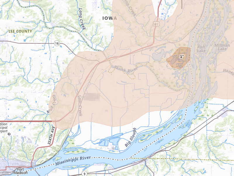 Radar-estimated hail-size map of the storm over Wever, IA on Jun 11, 2026