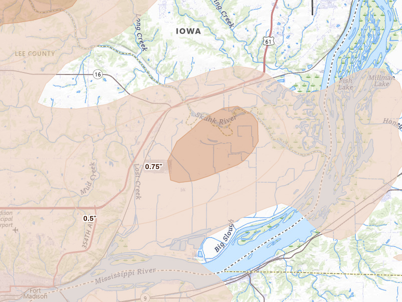 Radar-estimated hail-size map of the storm over Wever, IA on Aug 12, 2026