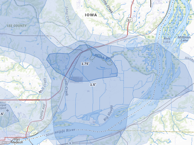 NEXRAD radar-signature map of the hail storm over Wever, IA on Aug 12, 2026