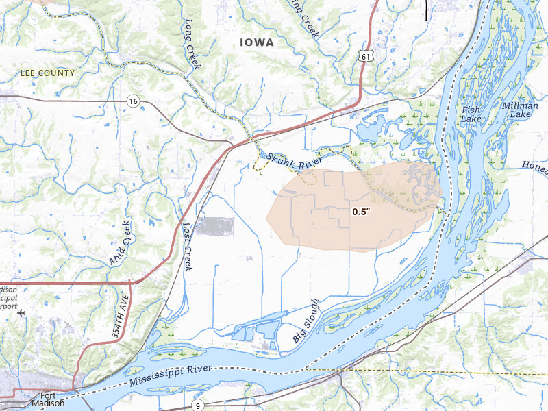 Radar-estimated hail-size map of the storm over Wever, IA on Aug 19, 2026
