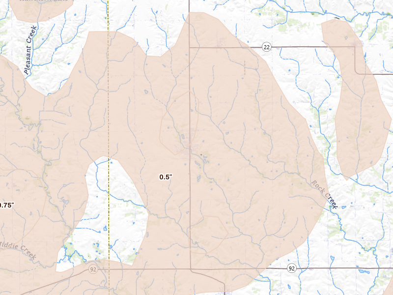 Radar-estimated hail-size map of the storm over What Cheer, IA on Jun 11, 2026