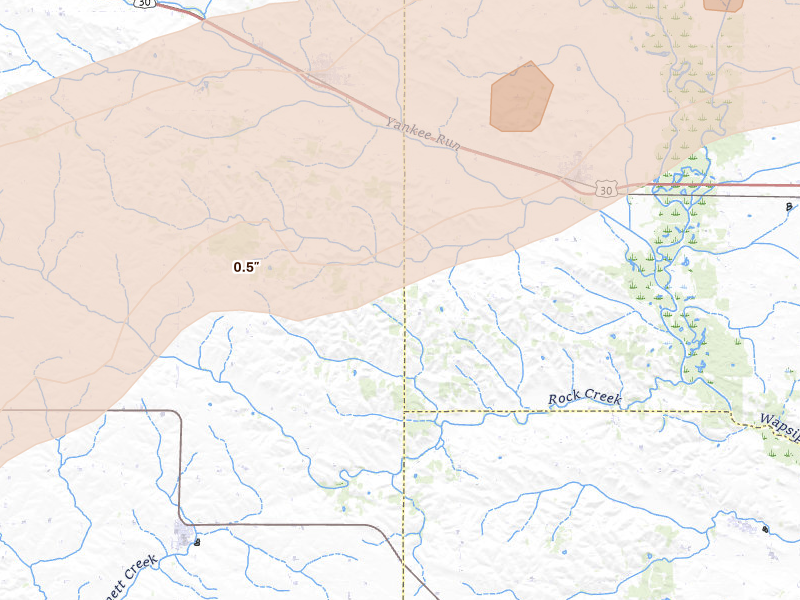 Radar-estimated hail-size map of the storm over Wheatland, IA on Apr 2, 2026