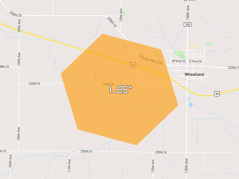 Hail map of Wheatland, IA on Jul 4, 2026, hail up to 1.25"