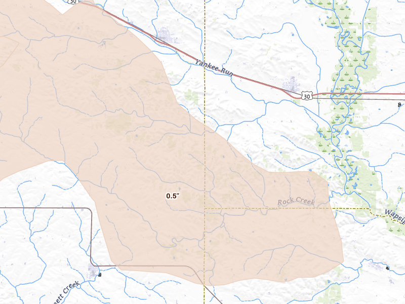 Radar-estimated hail-size map of the storm over Wheatland, IA on Aug 11, 2026