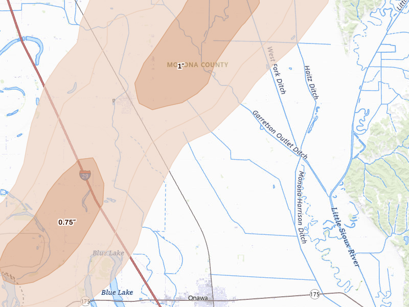 Radar-estimated hail-size map of the storm over Whiting, IA on May 18, 2026