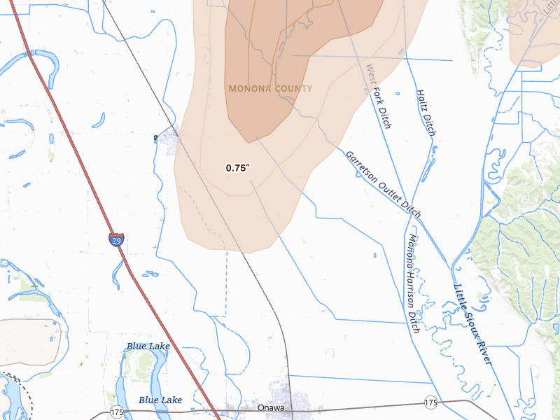 Radar-estimated hail-size map of the storm over Whiting, IA on Jun 30, 2026