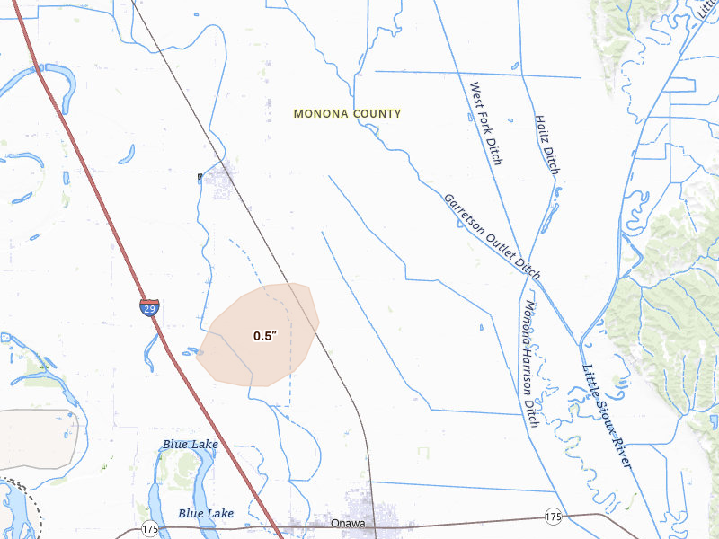 Radar-estimated hail-size map of the storm over Whiting, IA on Aug 11, 2026