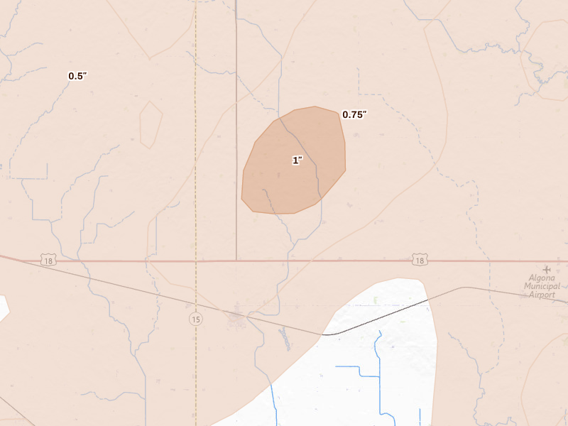 Radar-estimated hail-size map of the storm over Whittemore, IA on Jun 28, 2026