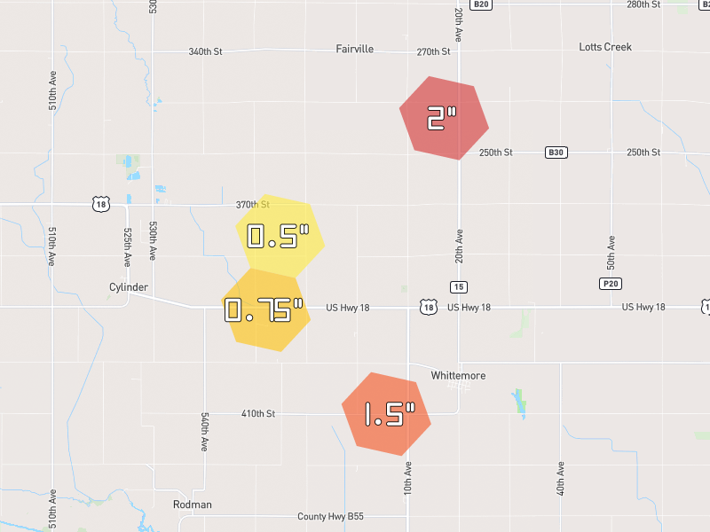 Hail map of Whittemore, IA on Jun 28, 2026, hail up to 2"