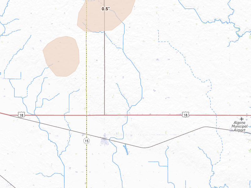 Radar-estimated hail-size map of the storm over Whittemore, IA on Jun 30, 2026
