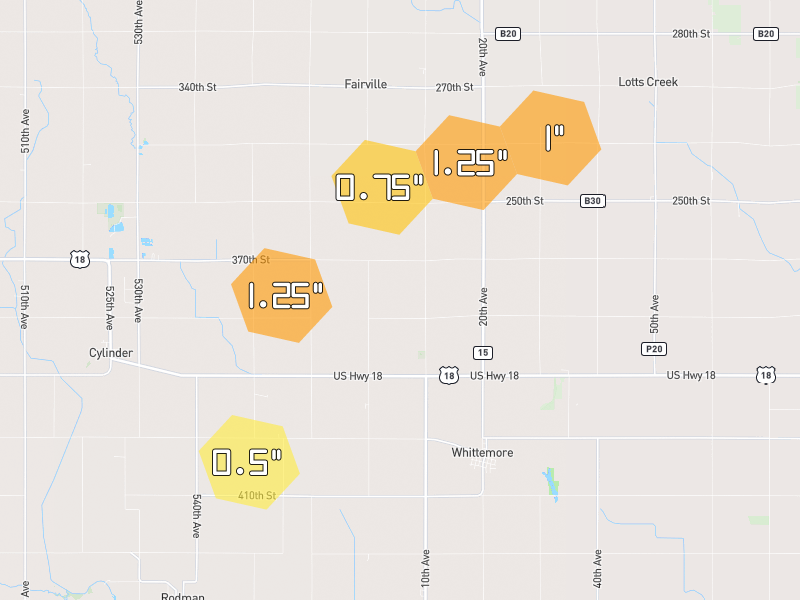 Hail map of Whittemore, IA on Jul 1, 2026, hail up to 1.25"