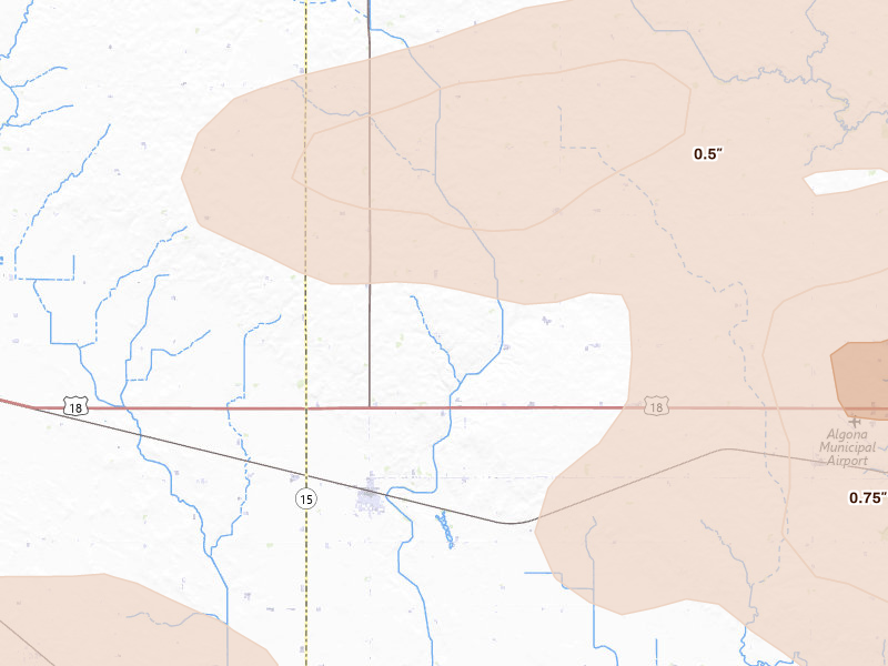 Radar-estimated hail-size map of the storm over Whittemore, IA on Aug 8, 2026