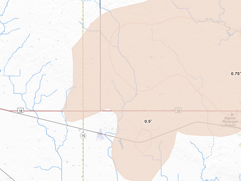 Radar-estimated hail-size map of the storm over Whittemore, IA on Sep 1, 2026