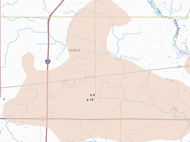 Radar-estimated hail-size map of the storm over Williams, IA on May 15, 2026