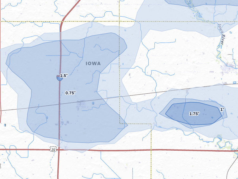NEXRAD radar-signature map of the hail storm over Williams, IA on May 15, 2026