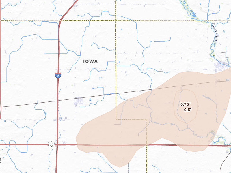 Radar-estimated hail-size map of the storm over Williams, IA on Jun 10, 2026