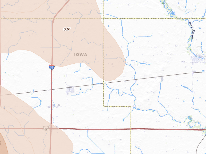Radar-estimated hail-size map of the storm over Williams, IA on Jul 20, 2026