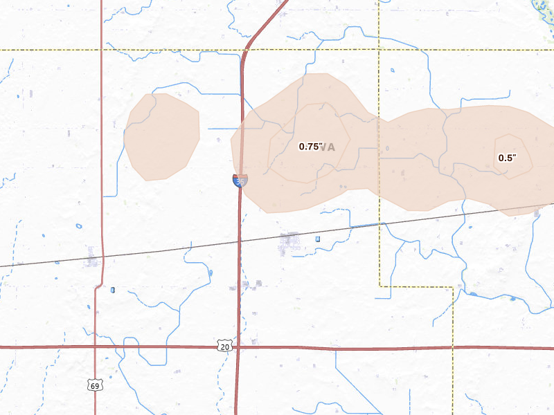 Radar-estimated hail-size map of the storm over Williams, IA on Aug 7, 2026
