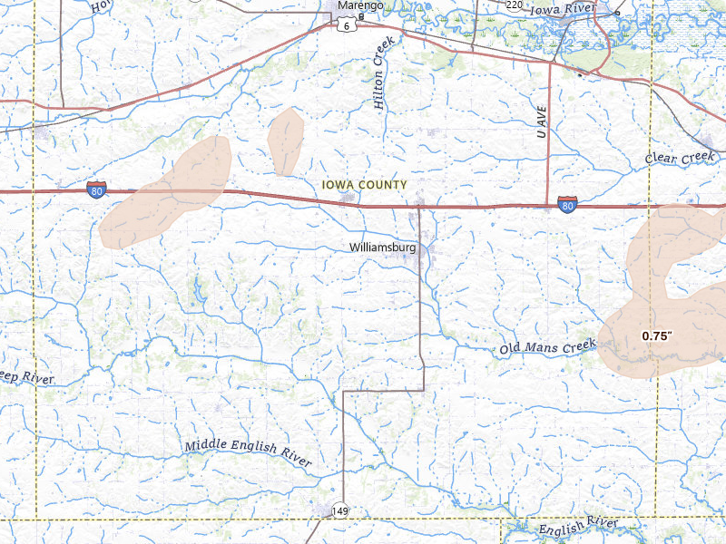 Radar-estimated hail-size map of the storm over Williamsburg, IA on Mar 30, 2026