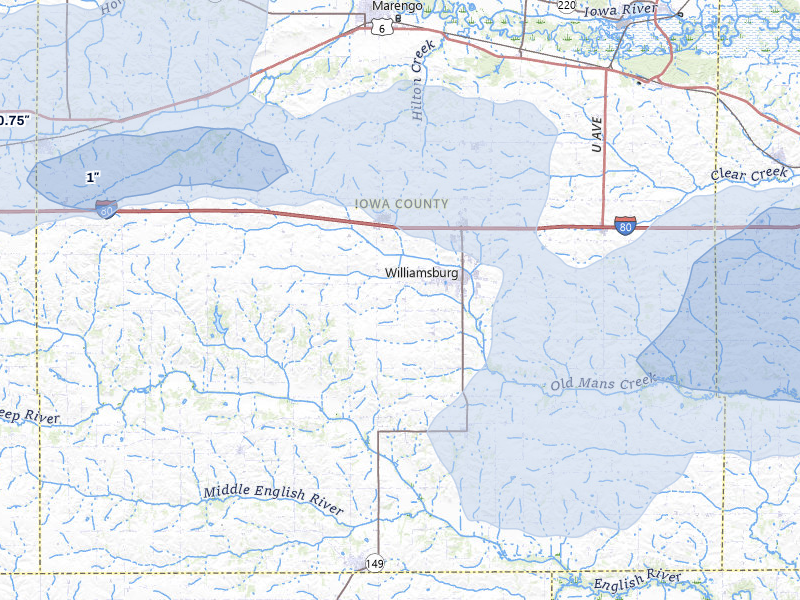 NEXRAD radar-signature map of the hail storm over Williamsburg, IA on Mar 30, 2026