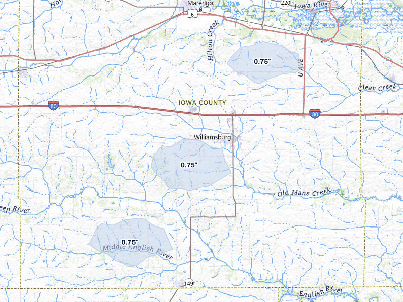 NEXRAD radar-signature map of the hail storm over Williamsburg, IA on Apr 2, 2026