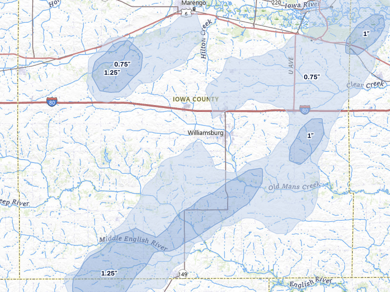 NEXRAD radar-signature map of the hail over Williamsburg, IA