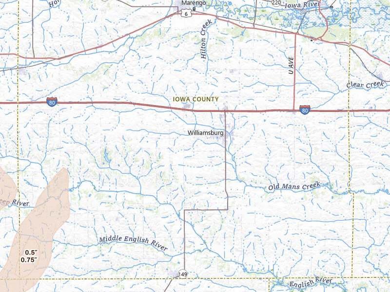 Radar-estimated hail-size map of the storm over Williamsburg, IA on Apr 23, 2026