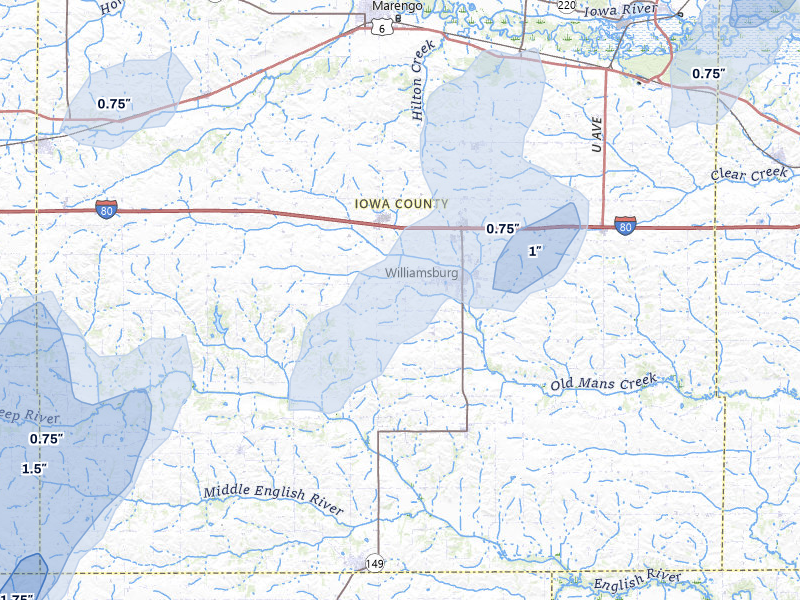 NEXRAD radar-signature map of the hail over Williamsburg, IA
