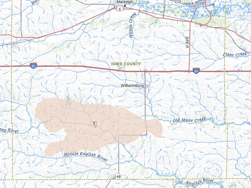 Radar-estimated hail-size map of the storm over Williamsburg, IA