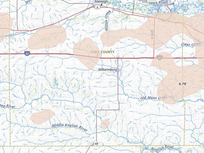 Radar-estimated hail-size map of the storm over Williamsburg, IA on Jul 3, 2026
