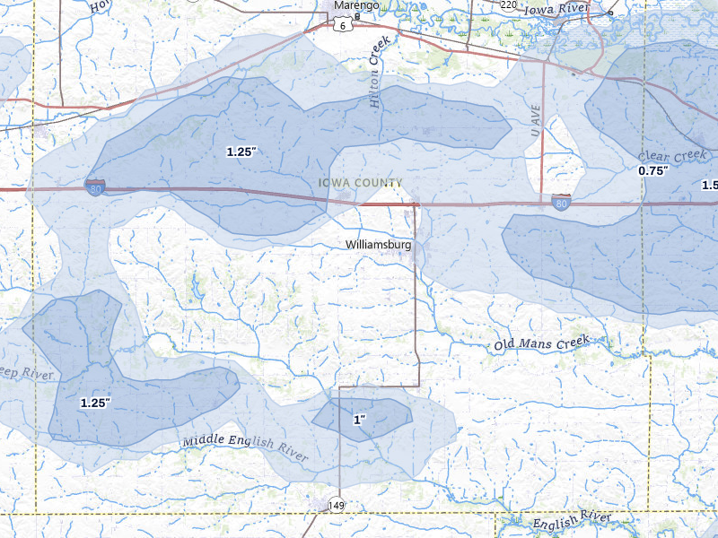 NEXRAD radar-signature map of the hail storm over Williamsburg, IA on Jul 3, 2026