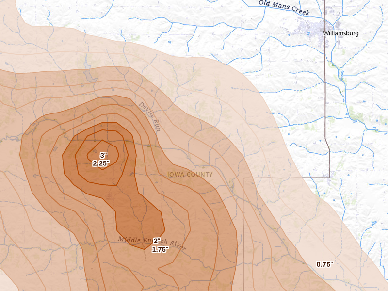 Radar-estimated hail-size map of the storm over Williamsburg, IA on Aug 7, 2026